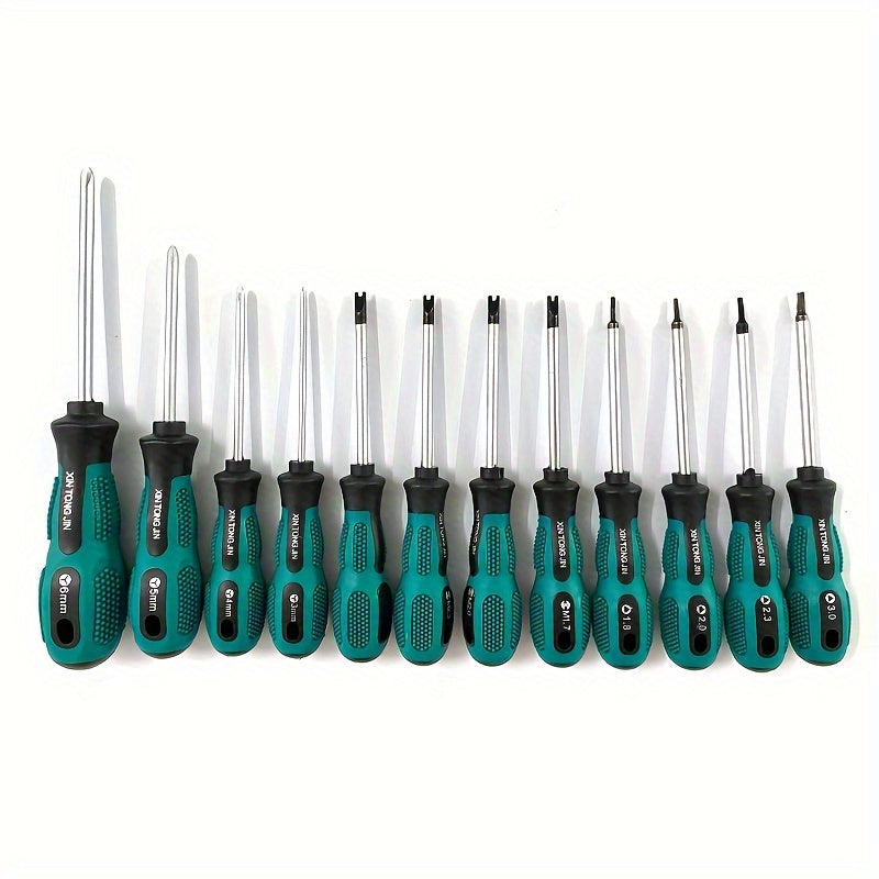 12pcs XIN TONG JIN Specialty Screwdriver Set - U-Shaped, Y-Shaped, Triangle Tips for Electronics & Appliances - Durable Plastic/Metal with Textured Grip Handles in Clear Case